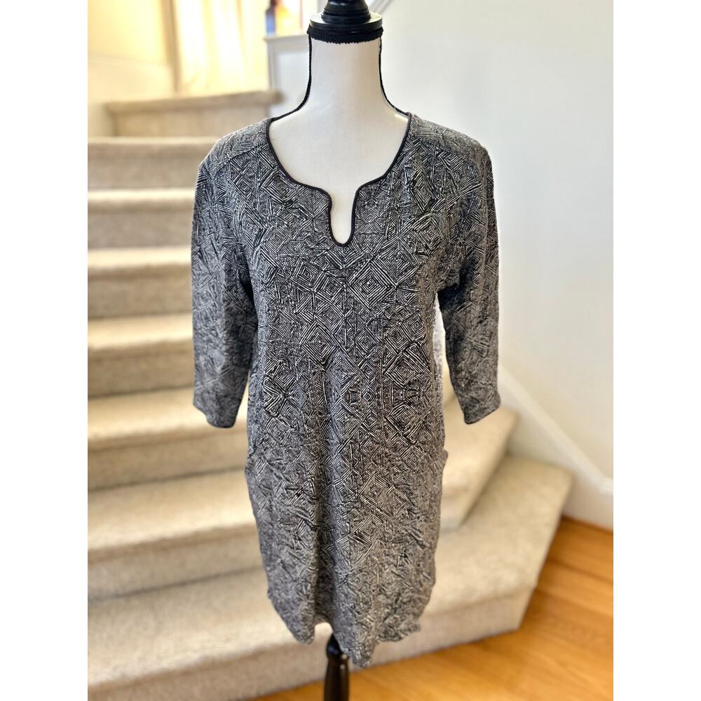 Poetry Black & White Tribal Geometric Print Linen & Cotton Shift Dress
